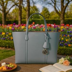NEW Tory Burch Perry Blue Celadon Triple Compartment Large Leather Shopper Tote